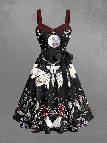Gothic Plus Size Butterfly Mushroom Flower Moon Print Button A Line Dress with Removable Belt
