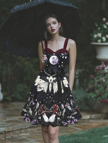 Gothic Plus Size Butterfly Mushroom Flower Moon Print Button A Line Dress with Removable Belt
