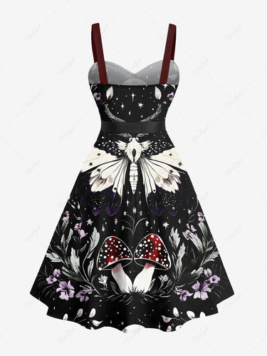 Gothic Plus Size Butterfly Mushroom Flower Moon Print Button A Line Dress with Removable Belt