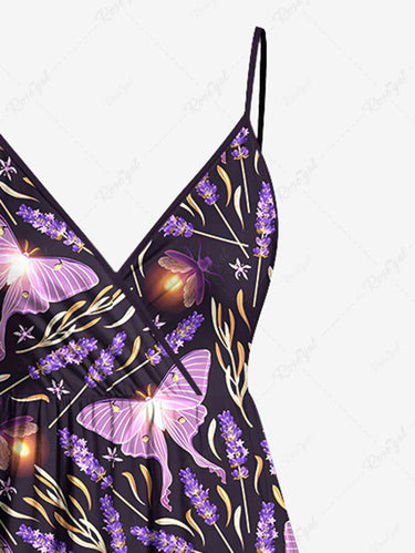 Gothic Plus Size Glitter Butterfly Flower Print Surplice A Line Cami Dress