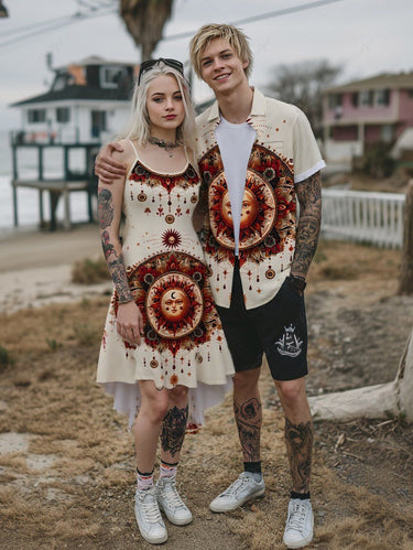 Gothic Plus Size Sun Moon Dreamcatcher Flower Print High Low Asymmetric Cami Dress