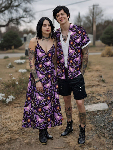 Gothic Plus Size Glitter Butterfly Flower Print Button Pocket Shirt For Men