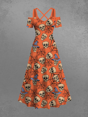 Gothic Plus Size Skull Spider Web Print Halloween Costume Cold Shoulder Crisscross A Line Maxi Dress