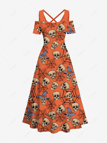 Gothic Plus Size Skull Spider Web Print Halloween Costume Cold Shoulder Crisscross A Line Maxi Dress
