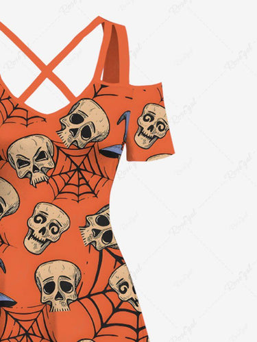 Gothic Plus Size Skull Spider Web Print Halloween Costume Cold Shoulder Crisscross A Line Maxi Dress
