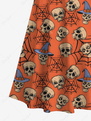 Gothic Plus Size Skull Spider Web Print Halloween Costume Cold Shoulder Crisscross A Line Maxi Dress