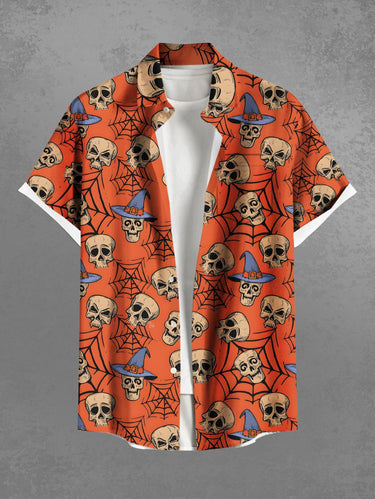 Gothic Plus Size Skull Spider Web Print Halloween Button Pocket Shirt For Men