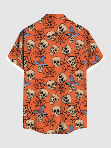 Gothic Plus Size Skull Spider Web Print Halloween Button Pocket Shirt For Men