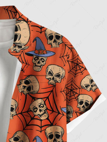 Gothic Plus Size Skull Spider Web Print Halloween Button Pocket Shirt For Men