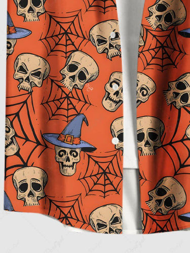 Gothic Plus Size Skull Spider Web Print Halloween Button Pocket Shirt For Men