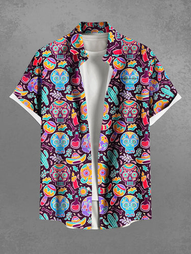 Gothic Plus Size Colorful Skull Flower Cactus Print Button Pocket Shirt For Men