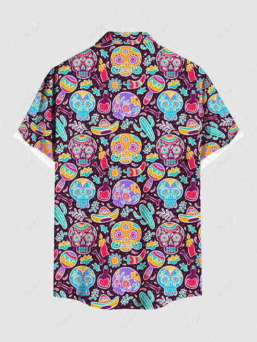 Gothic Plus Size Colorful Skull Flower Cactus Print Button Pocket Shirt For Men