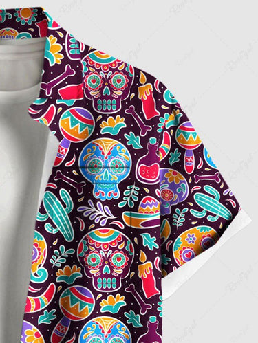 Gothic Plus Size Colorful Skull Flower Cactus Print Button Pocket Shirt For Men