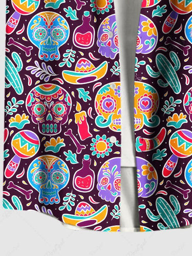 Gothic Plus Size Colorful Skull Flower Cactus Print Button Pocket Shirt For Men