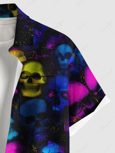 Gothic Plus Size Colorful Ombre Skull Print Button Pocket Shirt For Men