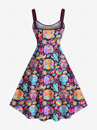 Gothic Plus Size Colorful Skull Flower Cactus Print A Line Tank Dress