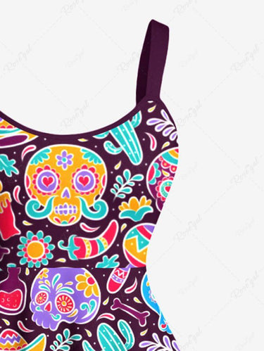 Gothic Plus Size Colorful Skull Flower Cactus Print A Line Tank Dress