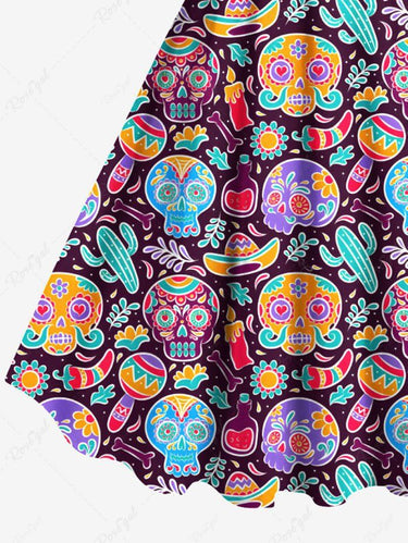 Gothic Plus Size Colorful Skull Flower Cactus Print A Line Tank Dress