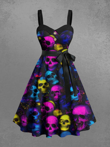 Gothic Plus Size Colorful Ombre Skull Print Button A Line Dress with Removable Belt