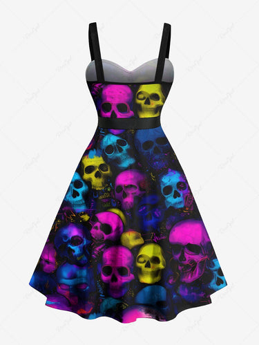 Gothic Plus Size Colorful Ombre Skull Print Button A Line Dress with Removable Belt