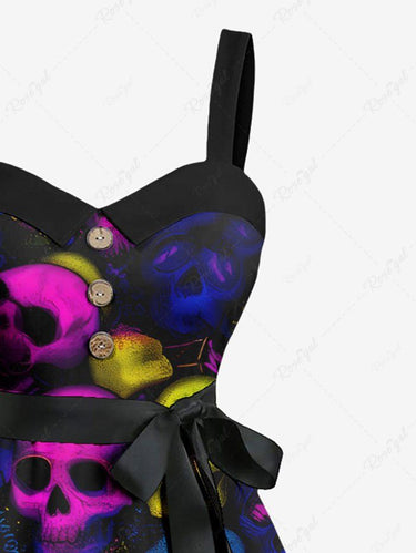 Gothic Plus Size Colorful Ombre Skull Print Button A Line Dress with Removable Belt