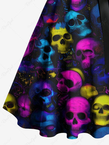Gothic Plus Size Colorful Ombre Skull Print Button A Line Dress with Removable Belt