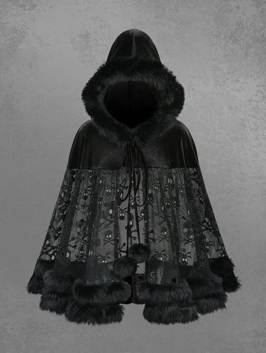 Gothic Plus Size Skulls Fishnet Velvet Patchwork Fur Trim Hooded Cape Cloak