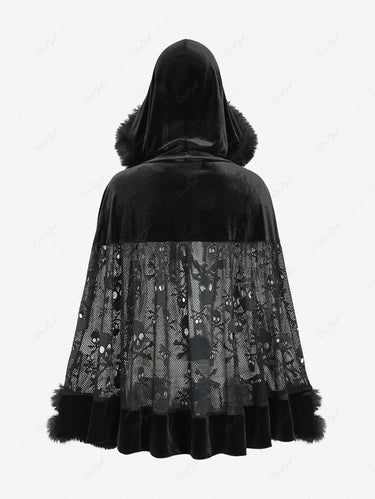 Gothic Plus Size Skulls Fishnet Velvet Patchwork Fur Trim Hooded Cape Cloak