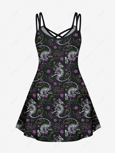Gothic Plus Size Skeleton Dinosaur Flower Print Crisscross Strappy A Line Cami Dress