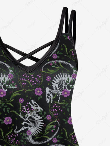 Gothic Plus Size Skeleton Dinosaur Flower Print Crisscross Strappy A Line Cami Dress