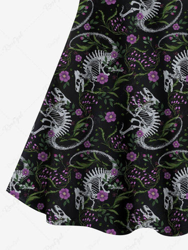 Gothic Plus Size Skeleton Dinosaur Flower Print Crisscross Strappy A Line Cami Dress