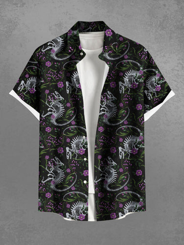 Gothic Plus Size Skeleton Dinosaur Flower Print Button Pocket Shirt For Men