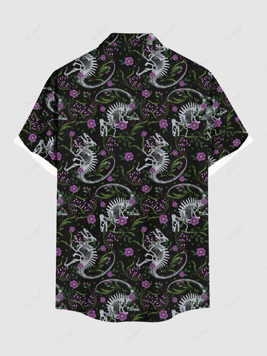 Gothic Plus Size Skeleton Dinosaur Flower Print Button Pocket Shirt For Men