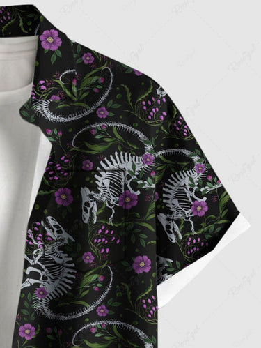 Gothic Plus Size Skeleton Dinosaur Flower Print Button Pocket Shirt For Men