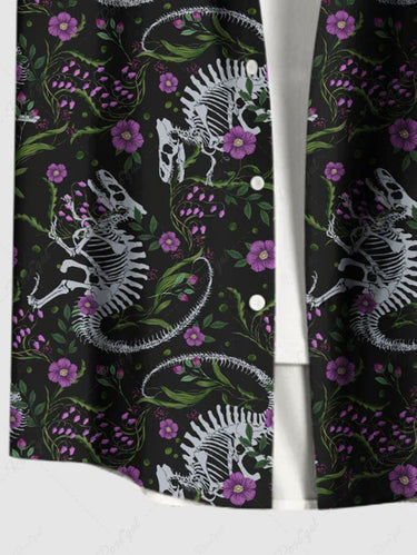 Gothic Plus Size Skeleton Dinosaur Flower Print Button Pocket Shirt For Men