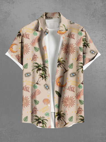 Gothic Plus Size Coconut Tree Tropical Leaf Sun Moon Pineapple Print Hawaii Button Pocket Shirt For Men