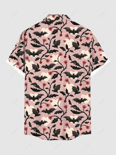 Gothic Plus Size Bat Heart Flower Branch Print Button Pocket Shirt For Men