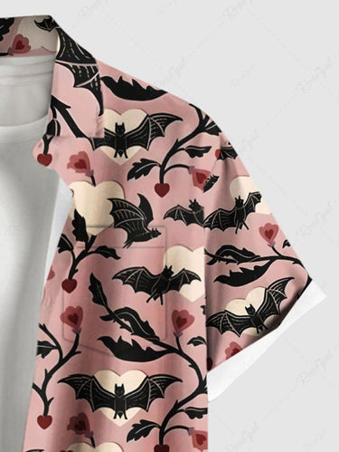 Gothic Plus Size Bat Heart Flower Branch Print Button Pocket Shirt For Men