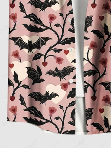 Gothic Plus Size Bat Heart Flower Branch Print Button Pocket Shirt For Men