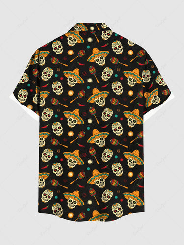 Gothic Plus Size Skull Sun Hat Print Button Pocket Shirt For Men