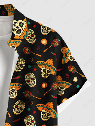Gothic Plus Size Skull Sun Hat Print Button Pocket Shirt For Men