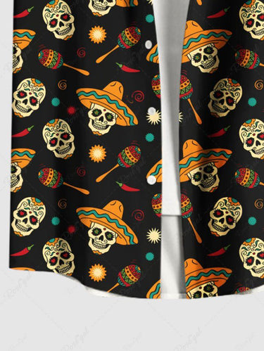 Gothic Plus Size Skull Sun Hat Print Button Pocket Shirt For Men