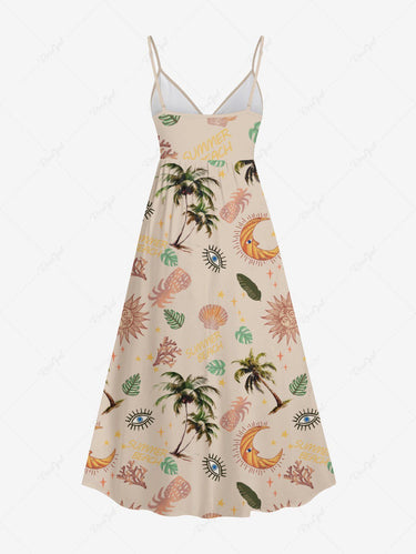 Gothic Plus Size Coconut Tree Tropical Leaf Sun Moon Pineapple Print Hawaii Surplice A Line Cami Dress