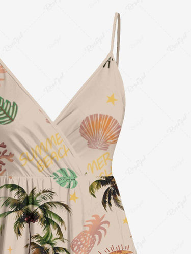 Gothic Plus Size Coconut Tree Tropical Leaf Sun Moon Pineapple Print Hawaii Surplice A Line Cami Dress