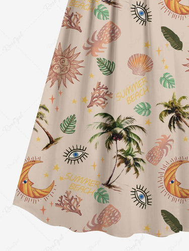 Gothic Plus Size Coconut Tree Tropical Leaf Sun Moon Pineapple Print Hawaii Surplice A Line Cami Dress