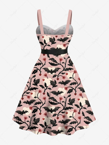 Gothic Plus Size Bat Heart Flower Branch Print Button A Line Dress with Removable Belt
