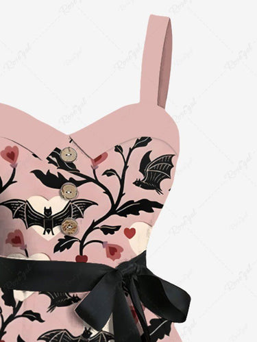 Gothic Plus Size Bat Heart Flower Branch Print Button A Line Dress with Removable Belt