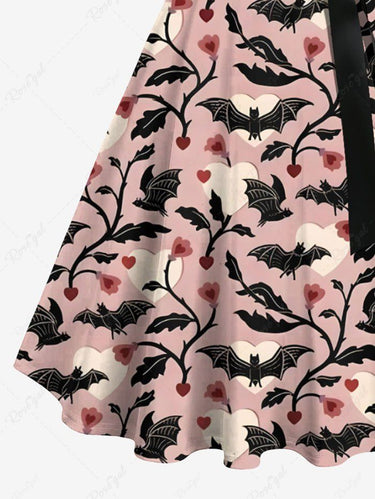 Gothic Plus Size Bat Heart Flower Branch Print Button A Line Dress with Removable Belt