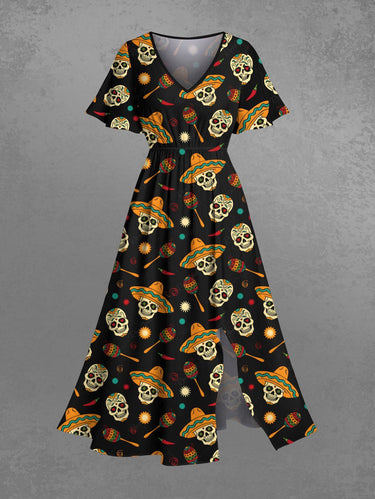 Gothic Plus Size Skull Sun Hat Print Split Pocket A Line Midi Dress
