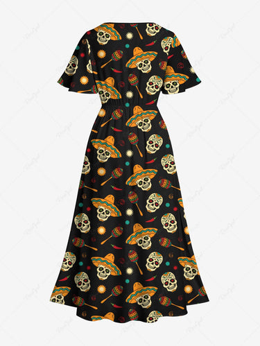 Gothic Plus Size Skull Sun Hat Print Split Pocket A Line Midi Dress